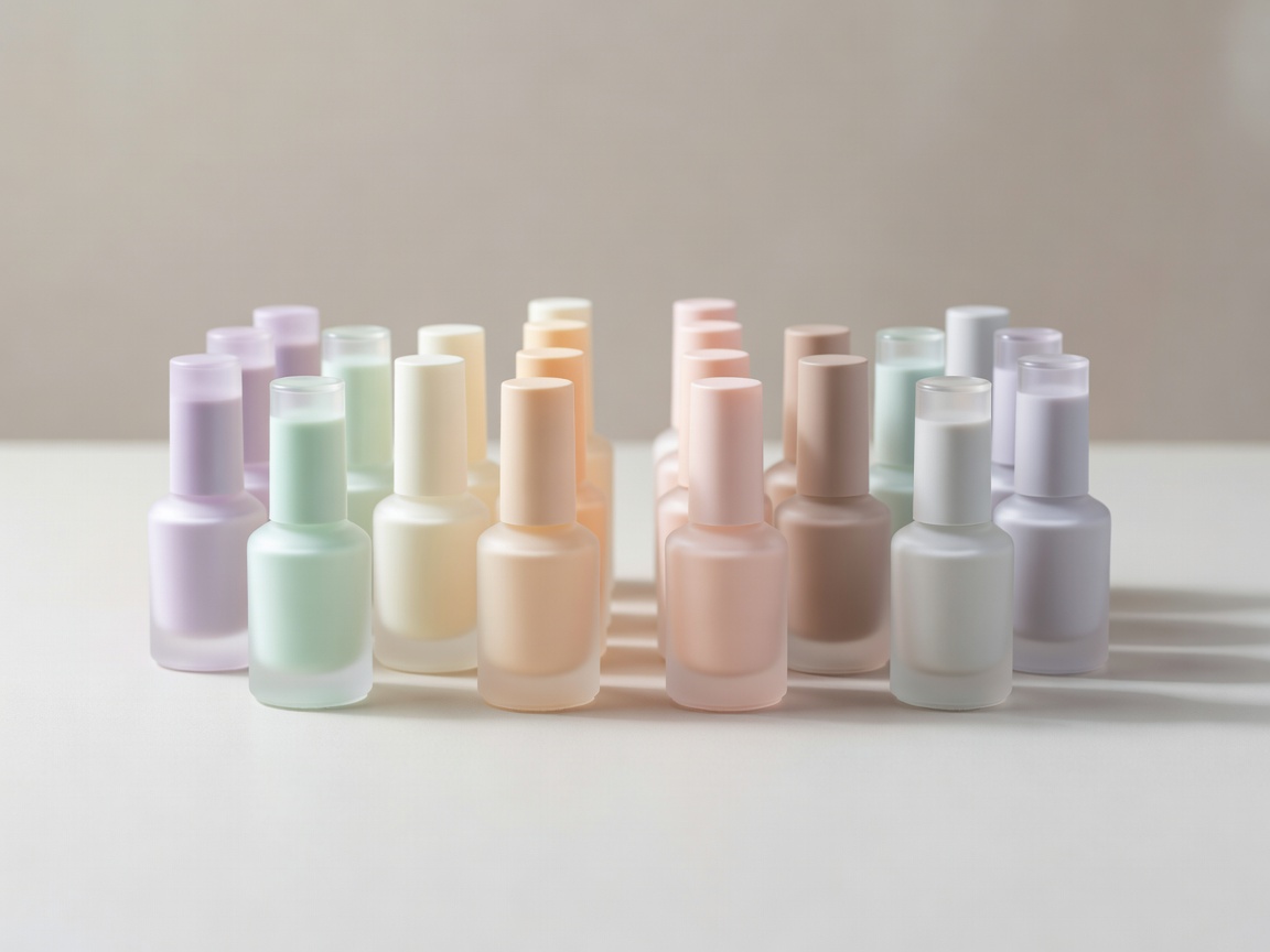 Aesthetic pastel and neutral nail polish bottles arranged symmetrically