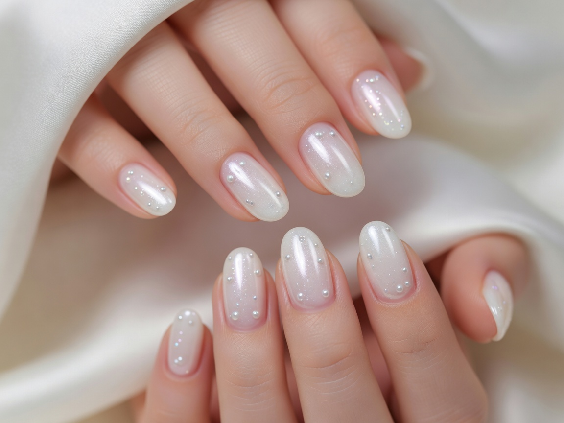 Bridal manicure styling with pearl sheer gloss and subtle shimmer
