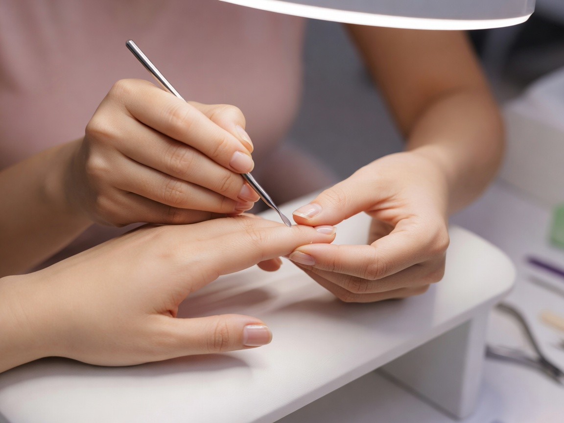 Detailed nail technician hands performing precise cuticles cleaning