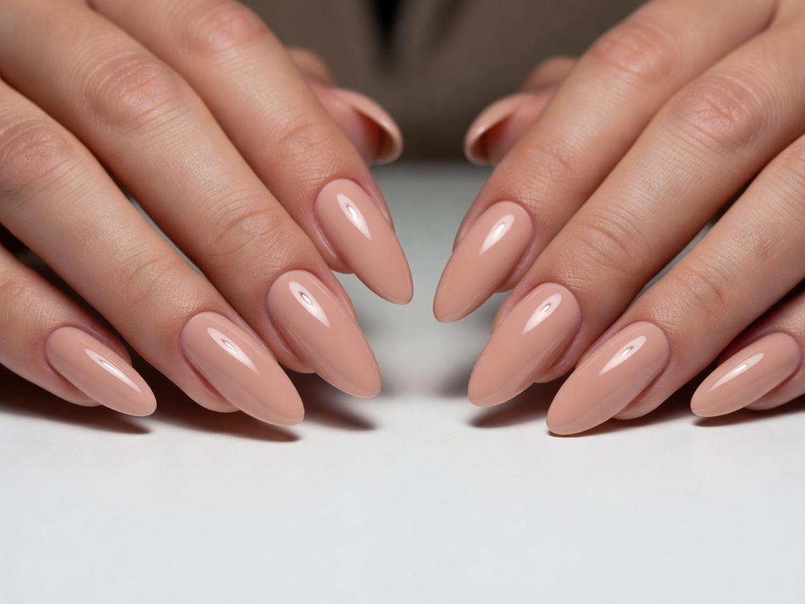Glossy soft nude gel nails applied with smooth salon precision