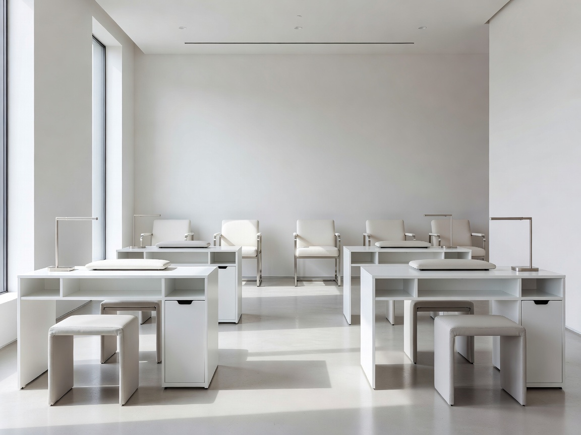 Interior view of a modern bright nail salon with minimal aesthetic furniture