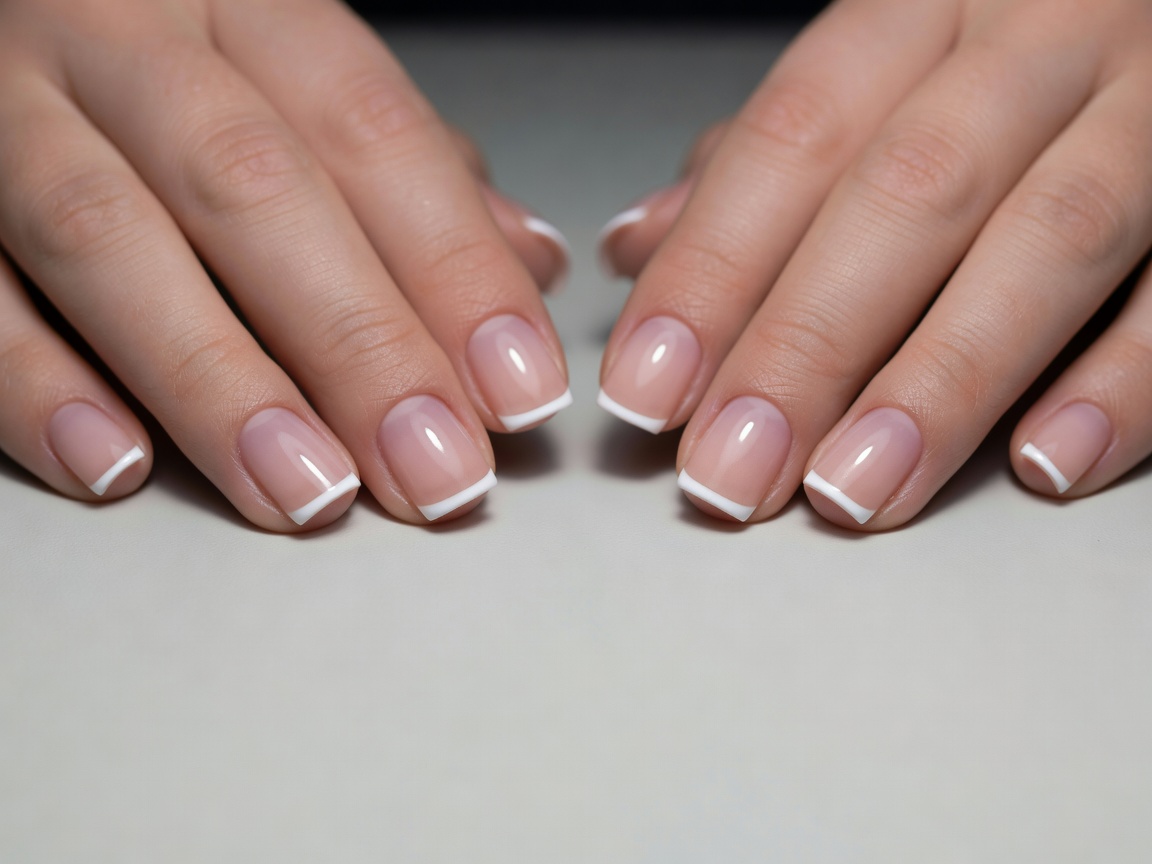 Micro french tip manicure on short square nails