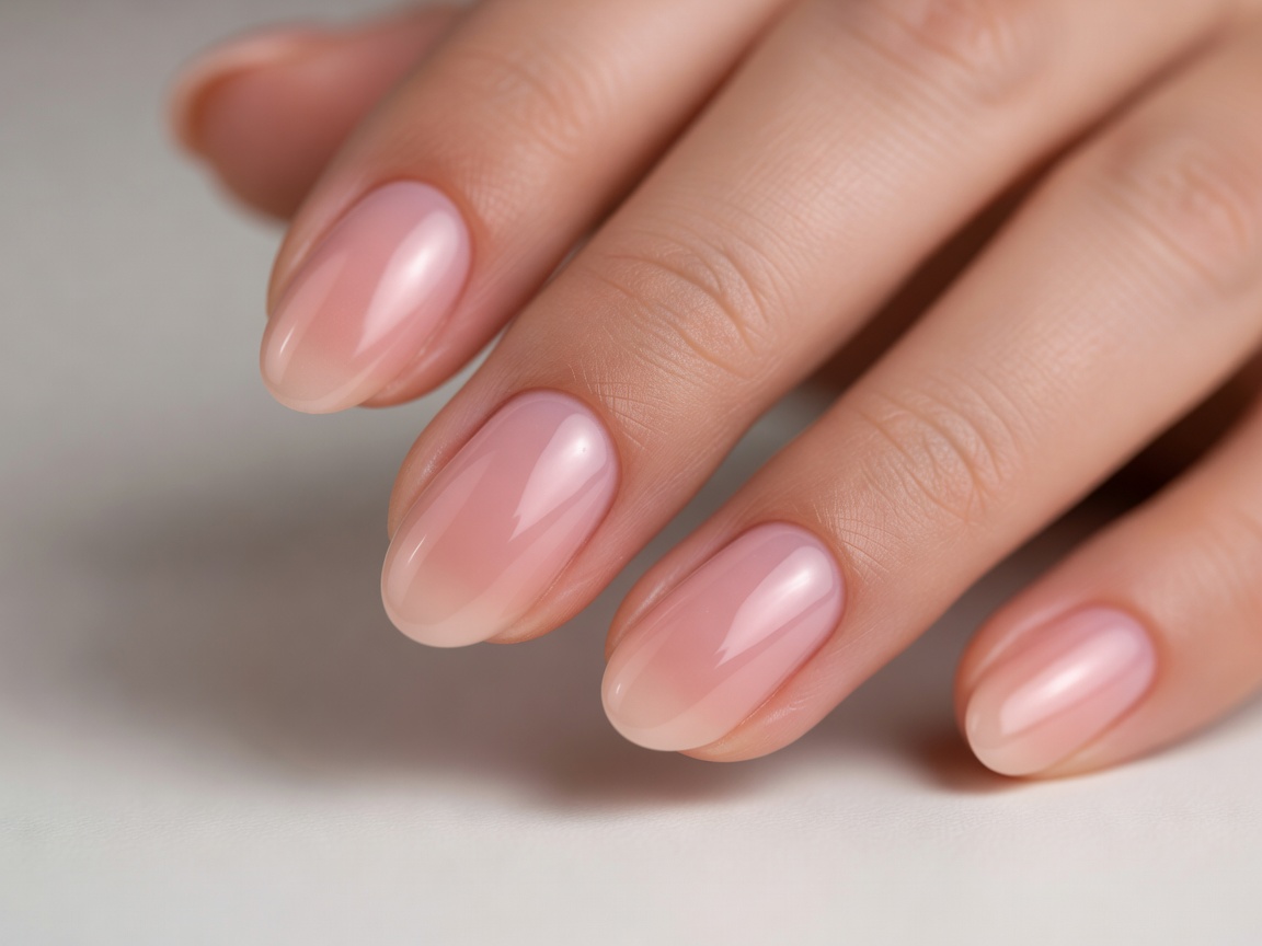 Natural blush gel nail polish overlay on healthy shaped nails