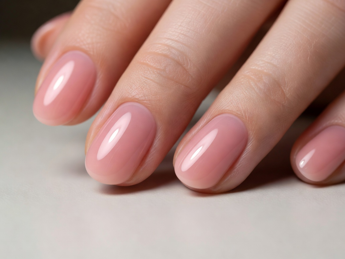 Natural blush gel polish manicure on rounded nails