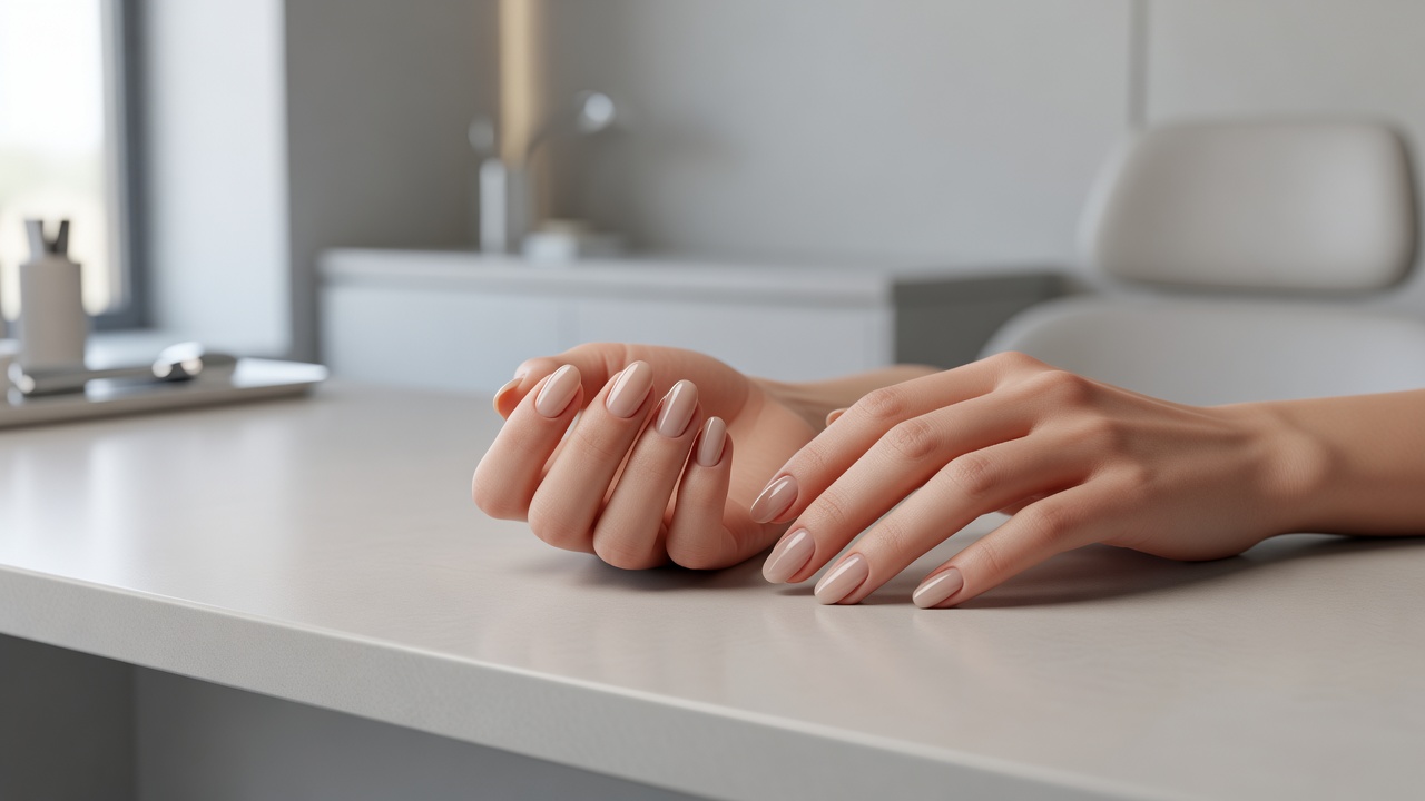 Natural elegant manicure on clean background in modern nail studio