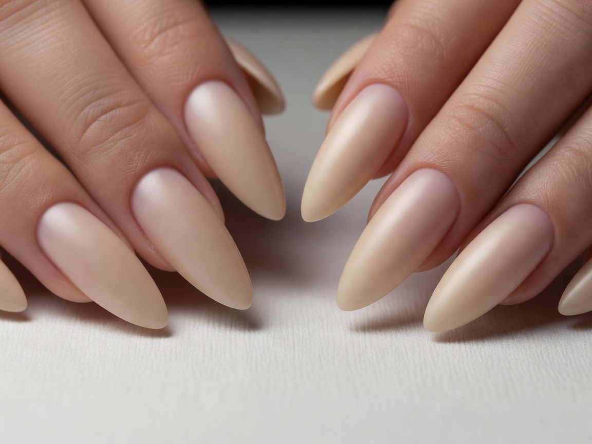 Sculpted almond shape nail extensions with natural apex and flawless finish