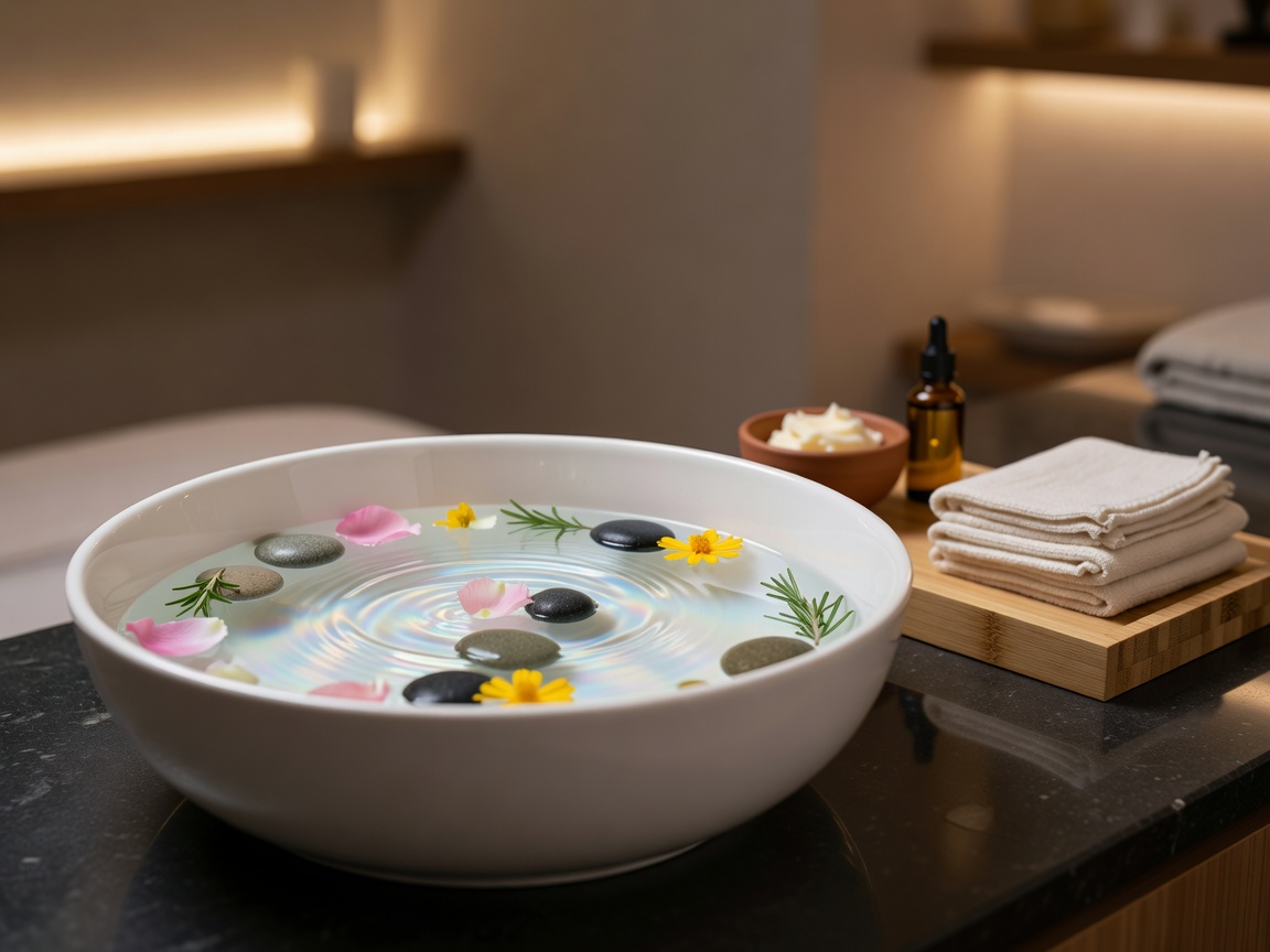 Spa pedicure foot bath treatment with calming water and natural skin care