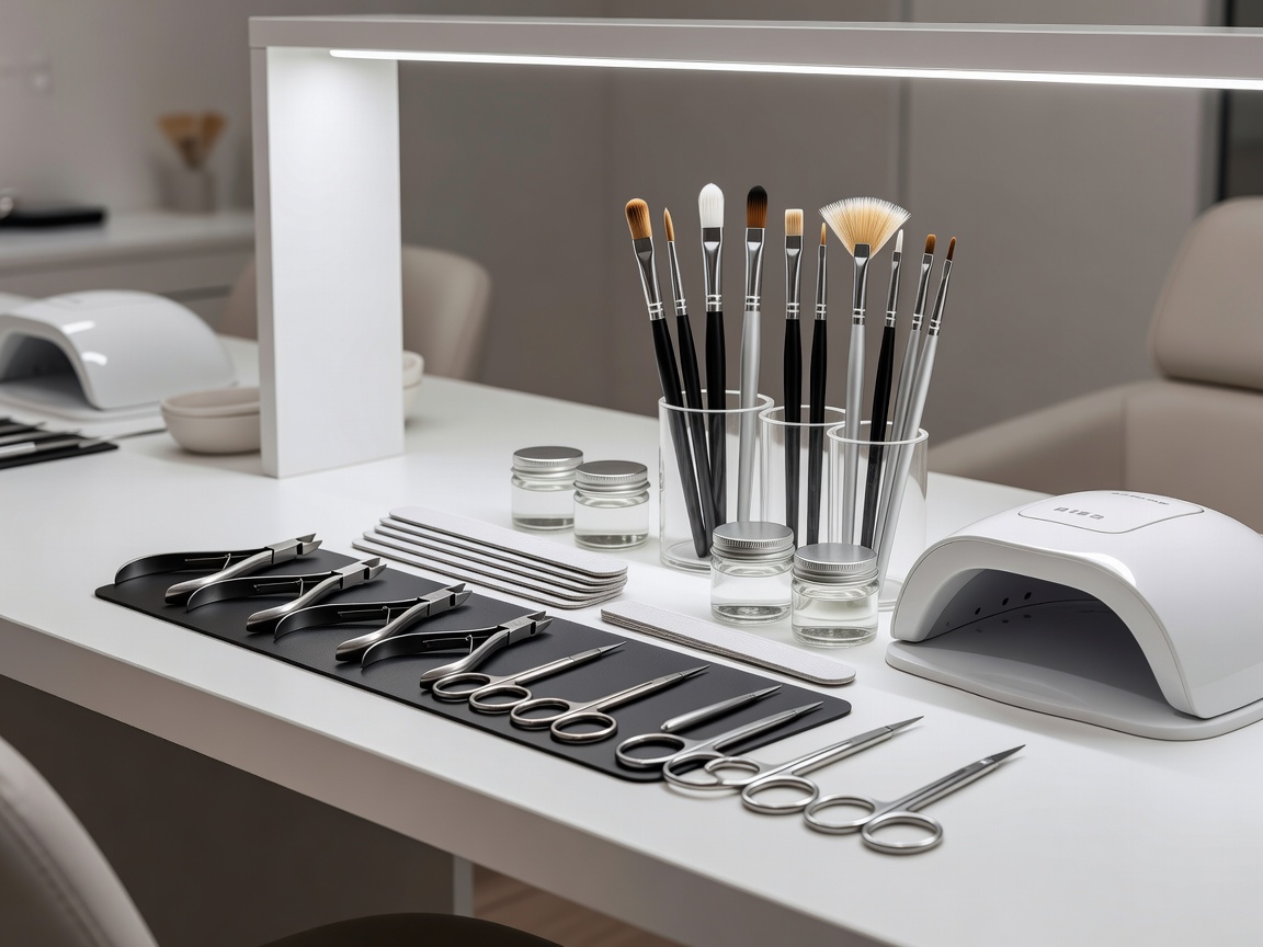 Nail technician tools and high quality nail polish bottles on a clean salon desk